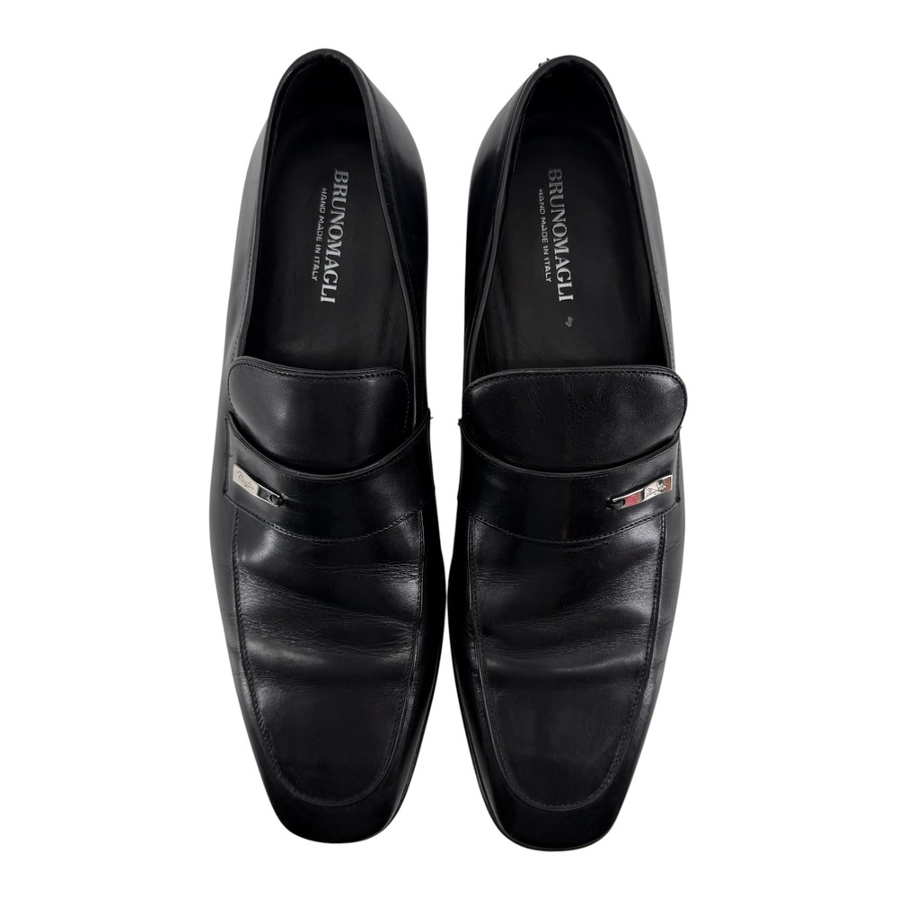 Bruno Magli Medio Mens Black Leather Loafers Square Toe Metal Logo Bar 11M Italy